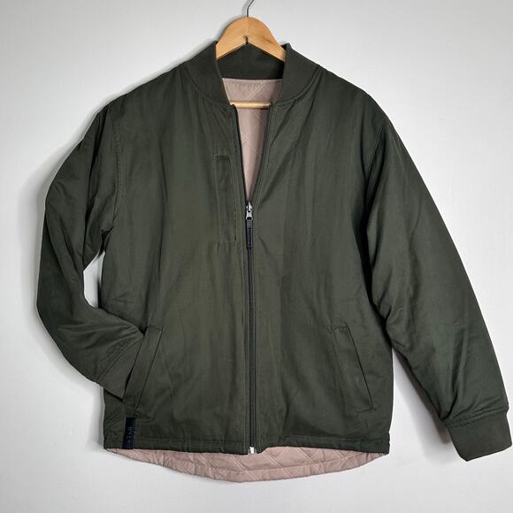 BYLT Hi Lo Reversible Bomber Jacket Mens L Sand & Dark Olive Full Zip Pockets - Picture 1 of 11